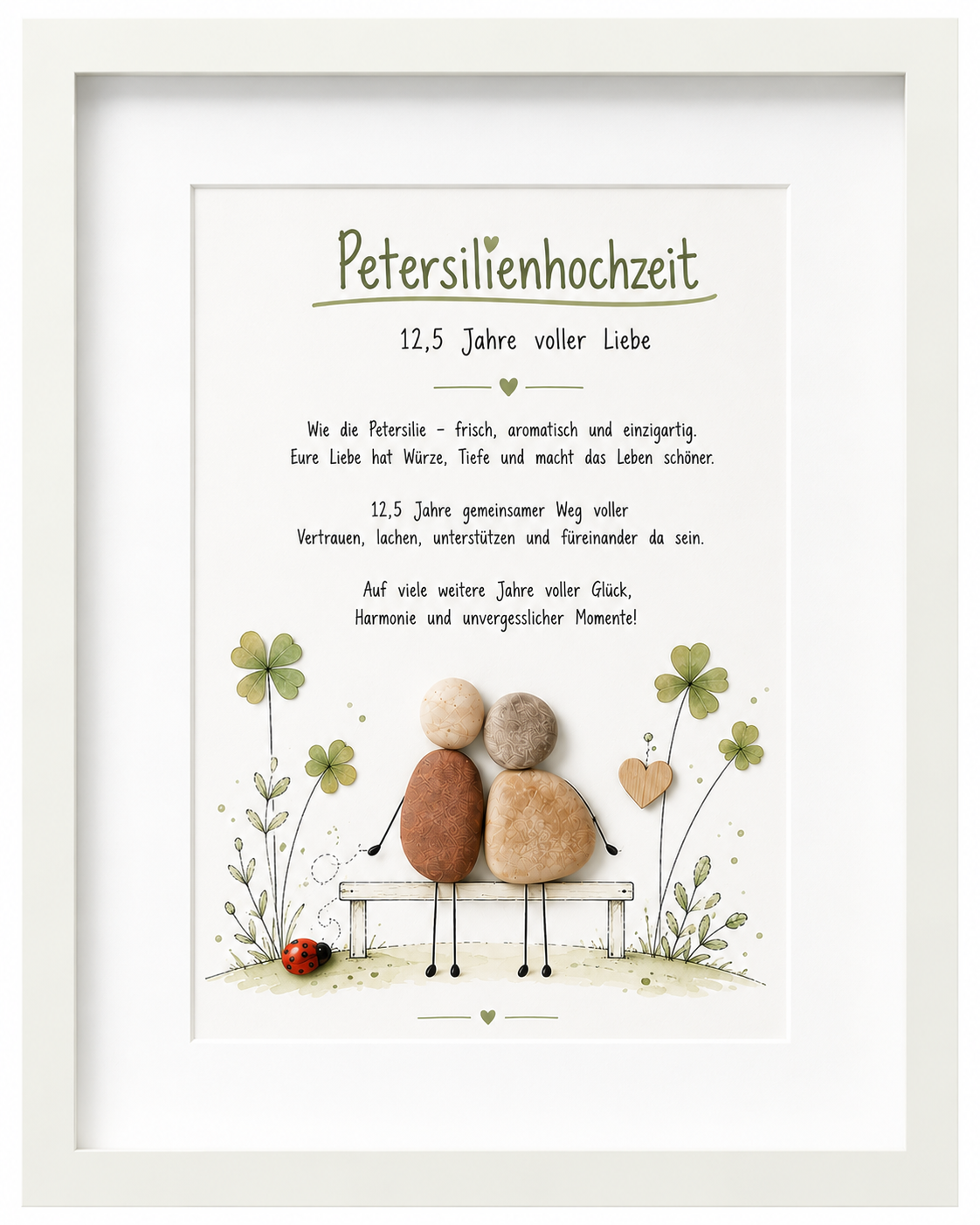 Kieselsteinbild Petersilienhochzeit Bank-Motiv – Geschenk zum 12,5. Hochzeitstag, handgemachtes Steinbild
