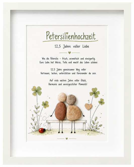 Kieselsteinbild Petersilienhochzeit Bank-Motiv – Geschenk zum 12,5. Hochzeitstag, handgemachtes Steinbild