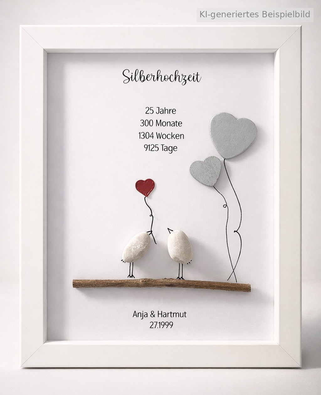Steinbild zur Silberhochzeit mit Vogelpaar aus Kieselsteinen auf Treibholz