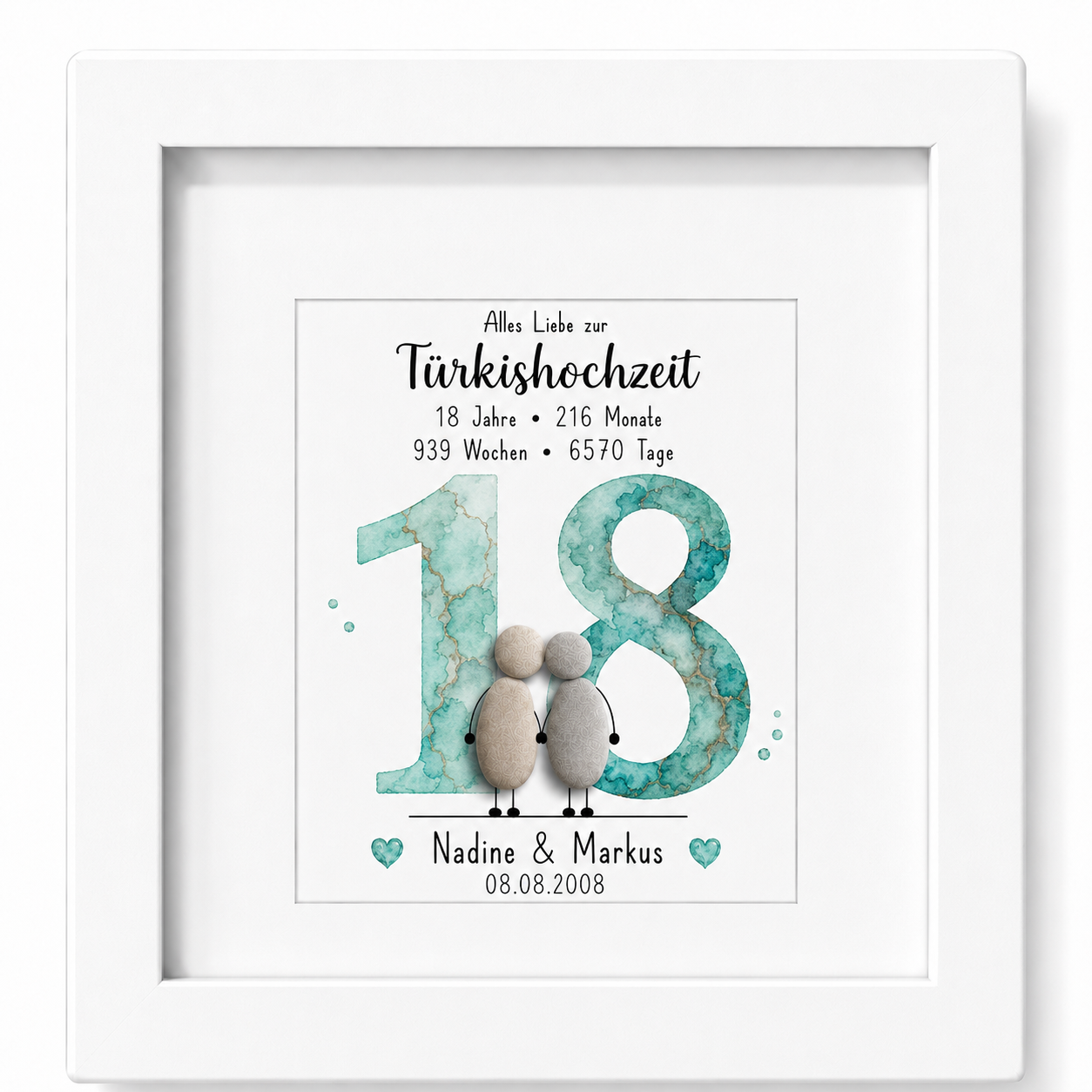 Kieselsteinbild Türkishochzeit – personalisierbares Geschenk zum 18. Hochzeitstag, handgemachtes Steinbild