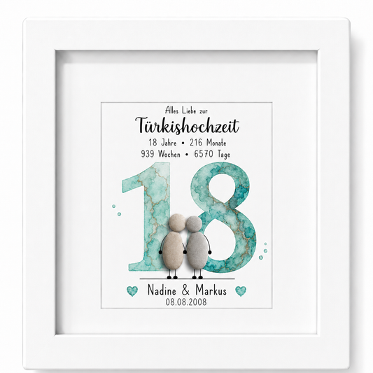 Kieselsteinbild Türkishochzeit – personalisierbares Geschenk zum 18. Hochzeitstag, handgemachtes Steinbild