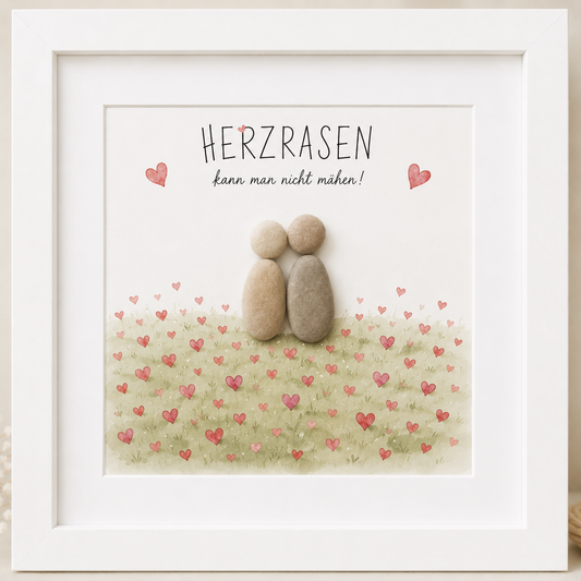 Kieselsteinbild Herzrasen kann man nicht mähen – Geschenk für Partner, handgemachtes Steinbild