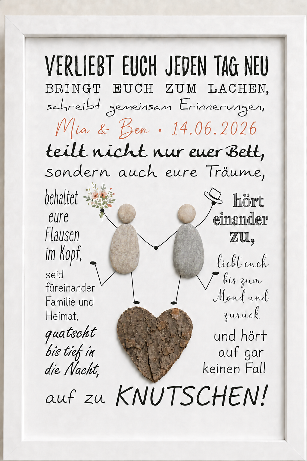 Kieselsteinbild Verliebt euch jeden Tag neu – personalisierbares Hochzeitsgeschenk mit Namen und Datum, handgemachtes Steinbild