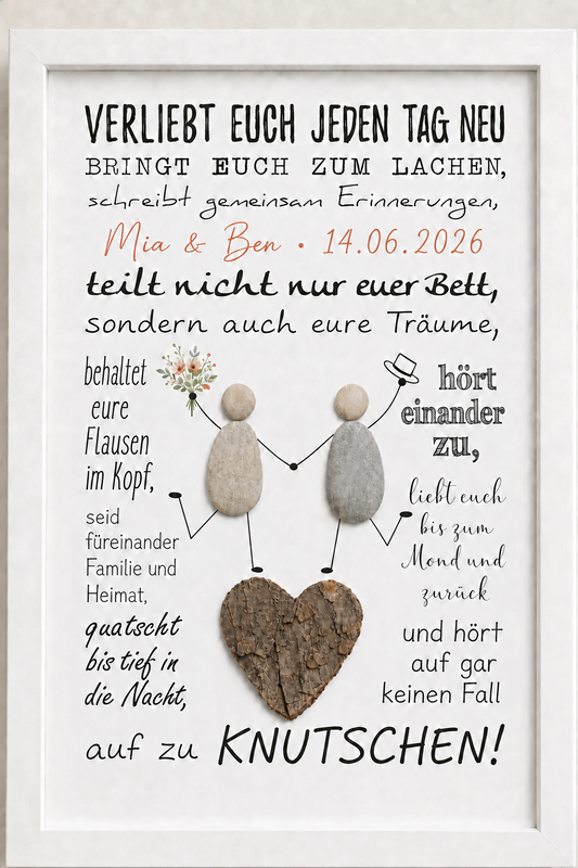 Kieselsteinbild Verliebt euch jeden Tag neu – personalisierbares Hochzeitsgeschenk mit Namen und Datum, handgemachtes Steinbild