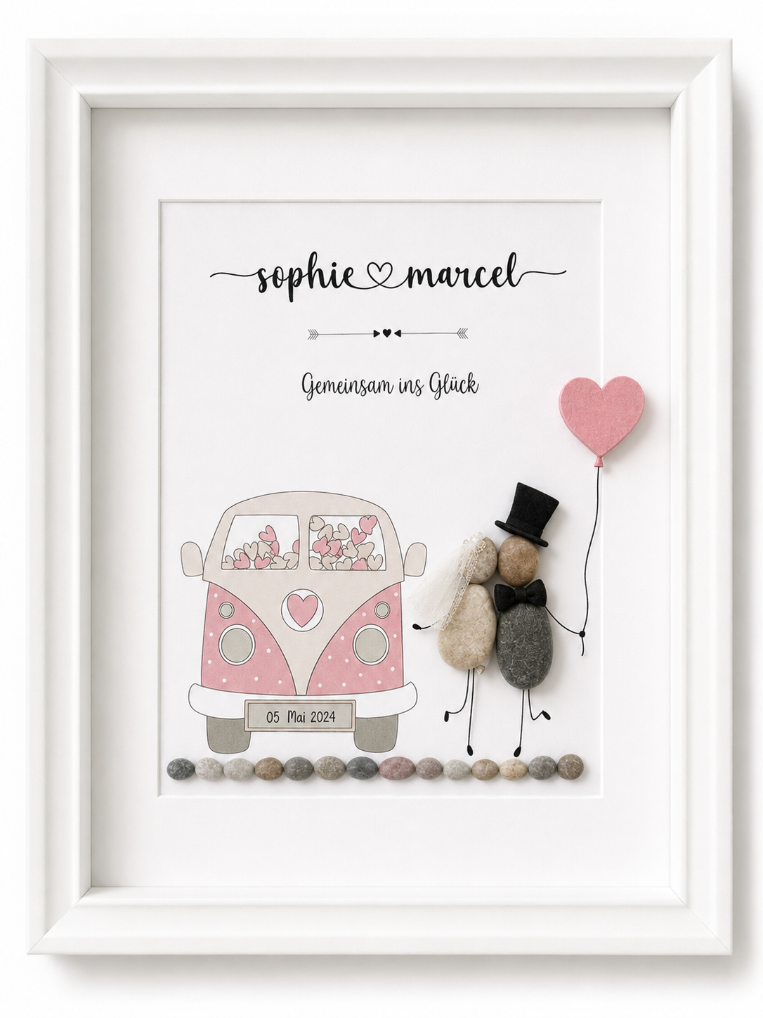 Kieselsteinbild Hochzeitsauto Gemeinsam ins Glück – Hochzeitsgeschenk, handgemachtes Steinbild