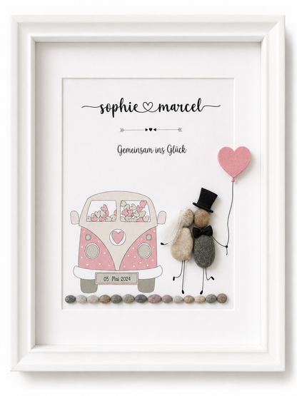 Kieselsteinbild Hochzeitsauto Gemeinsam ins Glück – Hochzeitsgeschenk, handgemachtes Steinbild