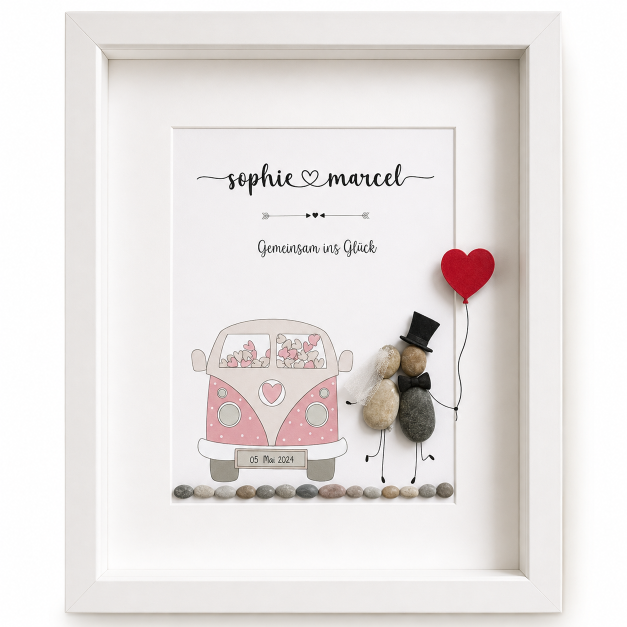 Kieselsteinbild Hochzeitsauto Gemeinsam ins Glück – Hochzeitsgeschenk, handgemachtes Steinbild