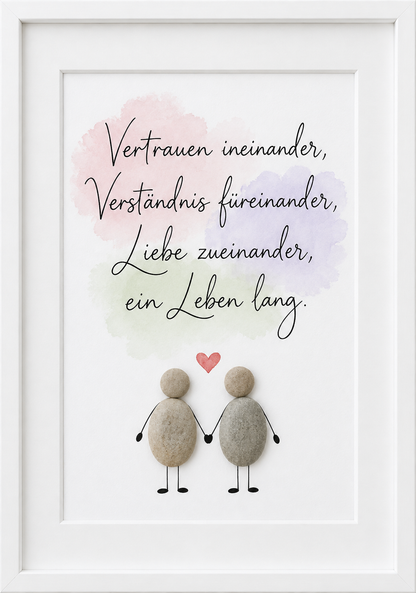 Kieselsteinbild Vertrauen ineinander, Verständnis füreinander, Liebe zueinander – Hochzeitsgeschenk, handgemachtes Steinbild