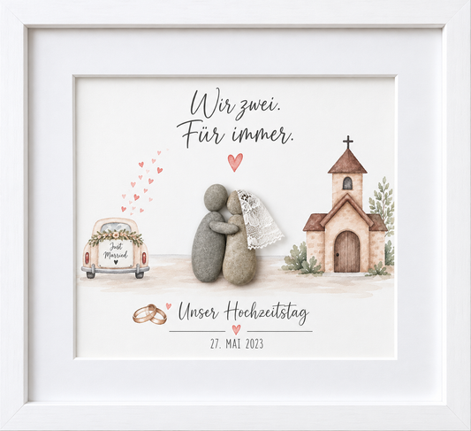 Kieselsteinbild Brautpaar-Steinfiguren vor Kirche mit Hochzeitsauto, personalisierbar mit Datum „Wir zwei. Für immer. Unser Hochzeitstag.“ – personalisierbares Geschenk zum Hochzeitstag, handgemachtes Steinbild