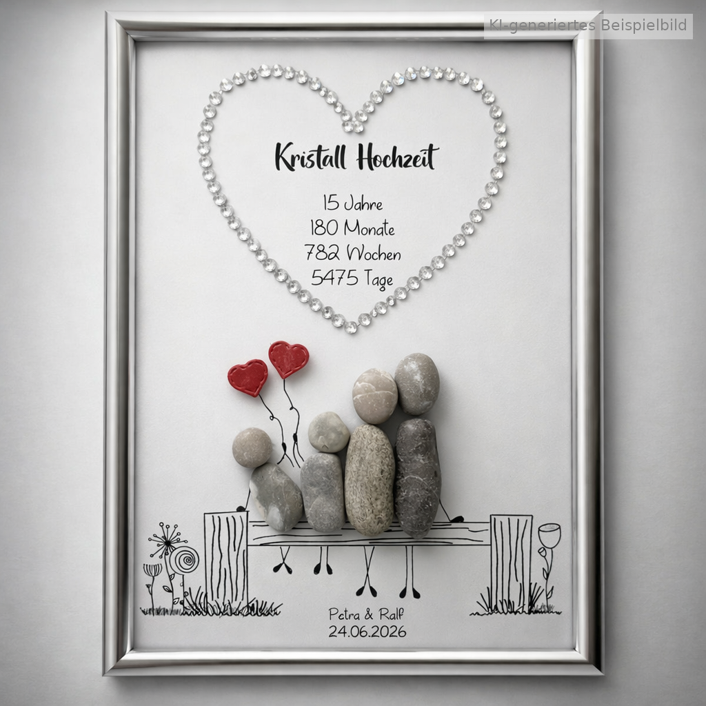 Kieselsteinbild Kristallhochzeit – Geschenk zum 15. Hochzeitstag, handgemachtes Steinbild