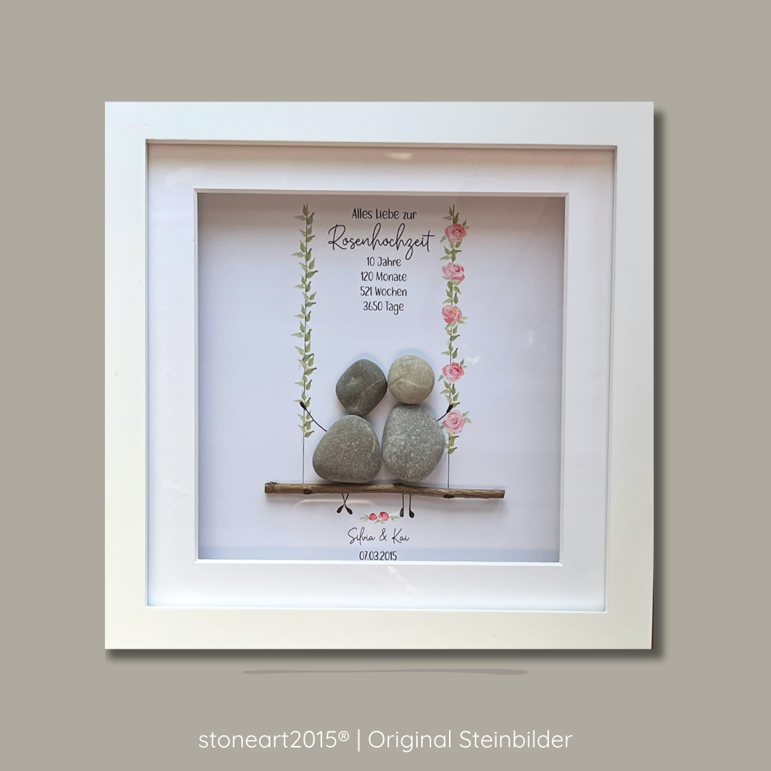 Steinbild Rosenhochzeit – Geschenk zum 10. Hochzeitstag, Kieselsteine handgemacht