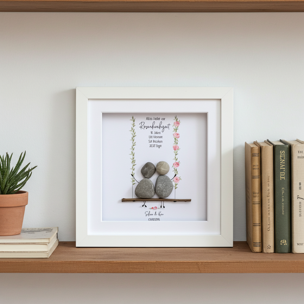 Steinbild Rosenhochzeit gerahmt im Wohnzimmer – handgemachtes Hochzeitsgeschenk zum 10. Jahrestag