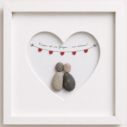 Handgemachtes Steinbild mit Herzmotiv und Spruch Küssen ist wie fliegen – romantisches Geschenk für Lieblingsmenschen