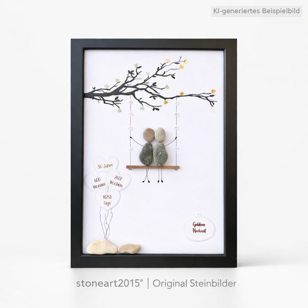 Kieselsteinbild Goldene Hochzeit – Geschenk zum 50. Hochzeitstag, handgemachtes Steinbild