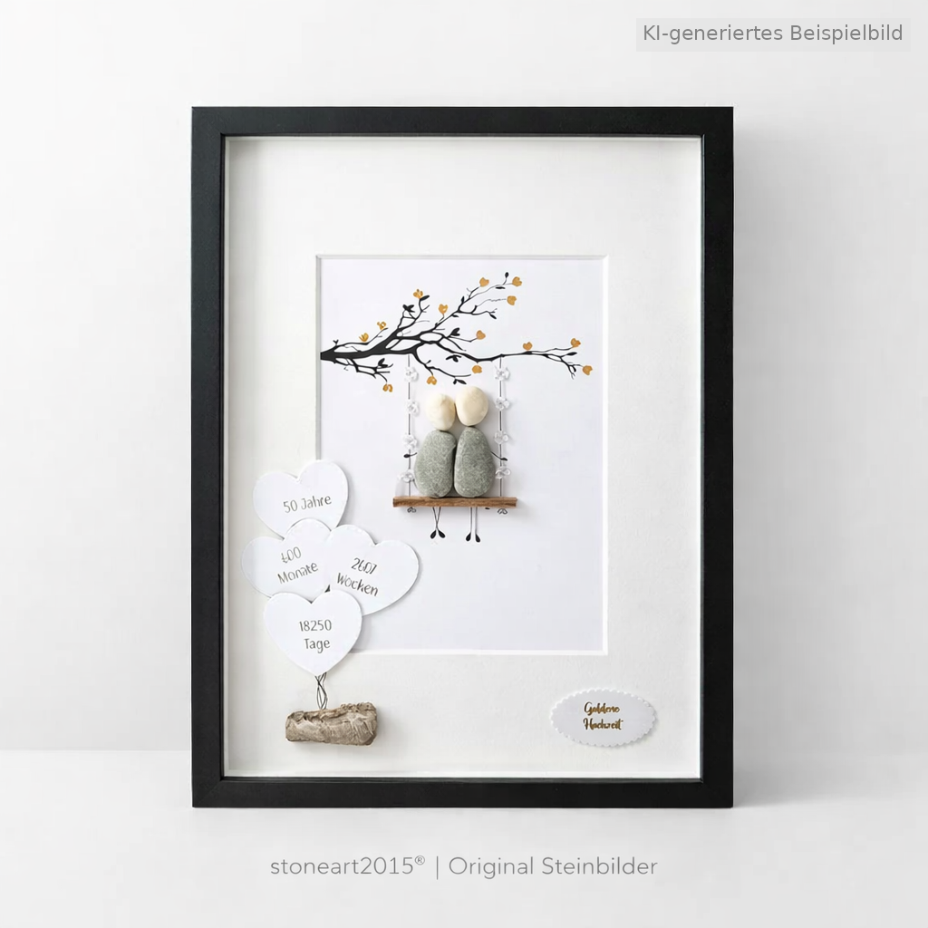Kieselsteinbild Goldene Hochzeit – Geschenk zum 50. Hochzeitstag, handgemachtes Steinbild