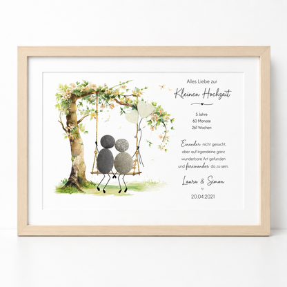 Kieselsteinbild Hölzerne Hochzeit Baum mit Schaukel – Geschenk zum 5. oder 10. Hochzeitstag, handgemachtes Steinbild