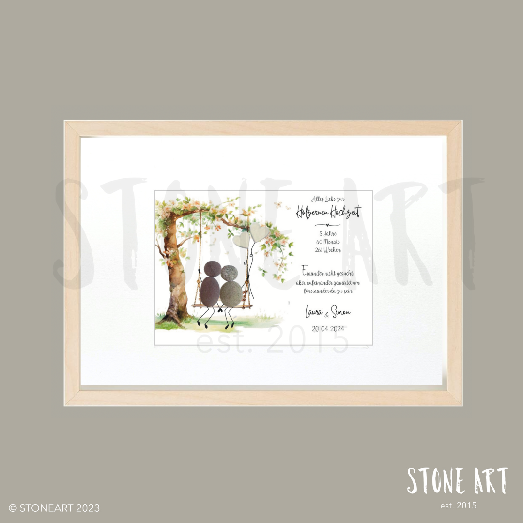 Steinbild Baum mit Schaukel – Geschenk zur hölzernen Hochzeit 5 oder 10 Jahre
