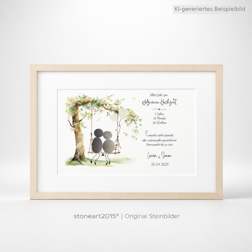 Steinbild Baum mit Schaukel – Geschenk zur hölzernen Hochzeit 5 oder 10 Jahre

