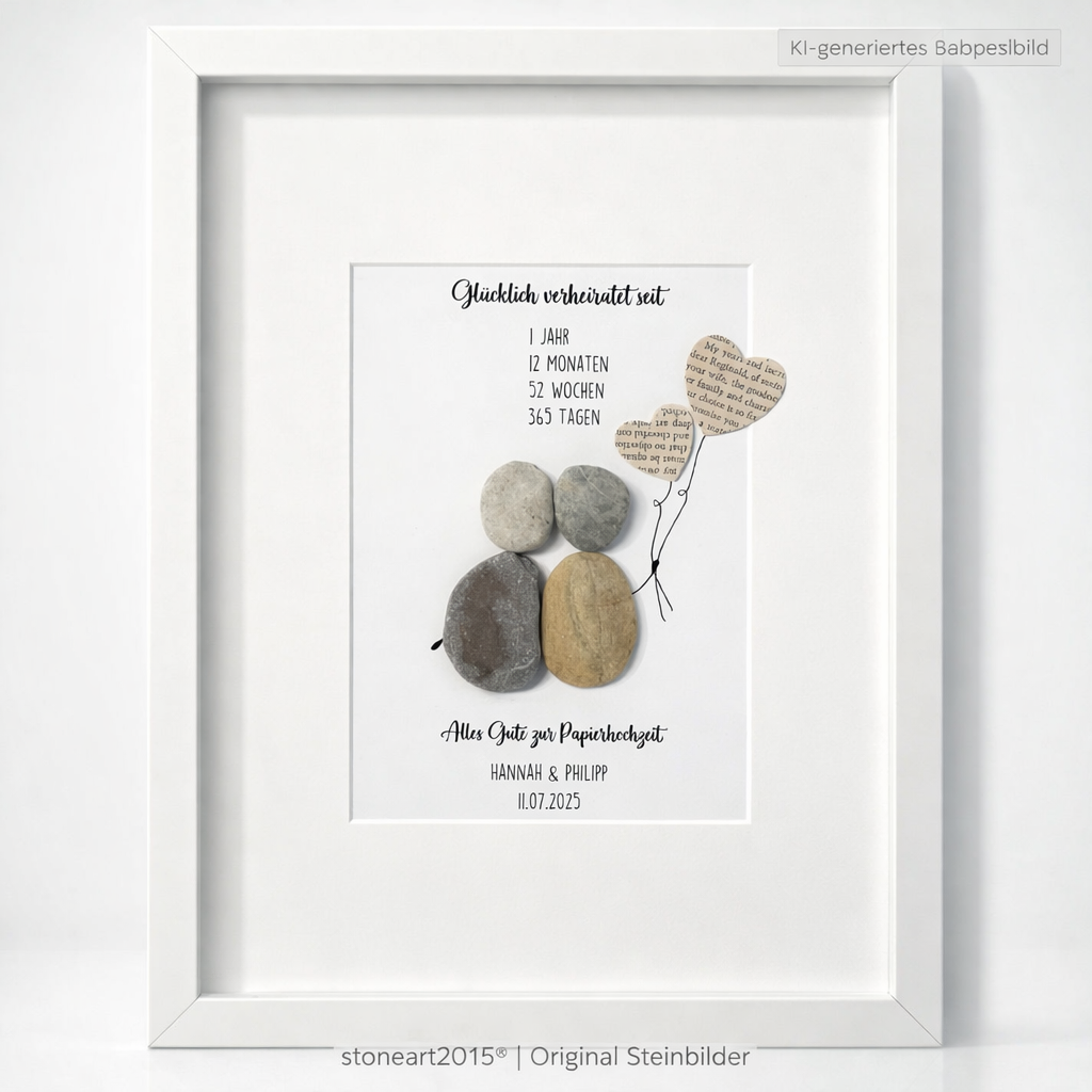 Kieselsteinbild Papierhochzeit – Geschenk zum 1. Hochzeitstag, handgemachtes Steinbild