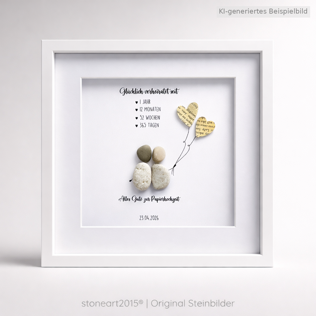 Kieselsteinbild Papierhochzeit – Geschenk zum 1. Hochzeitstag, handgemachtes Steinbild