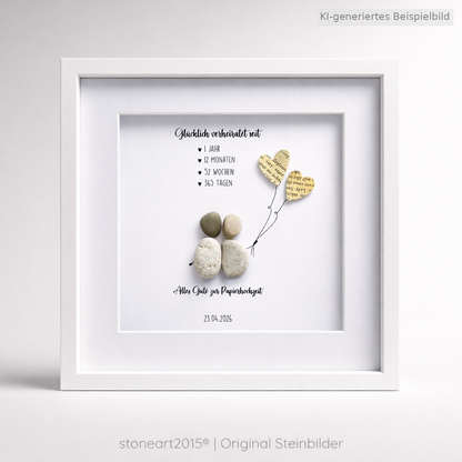 Kieselsteinbild Papierhochzeit – Geschenk zum 1. Hochzeitstag, handgemachtes Steinbild