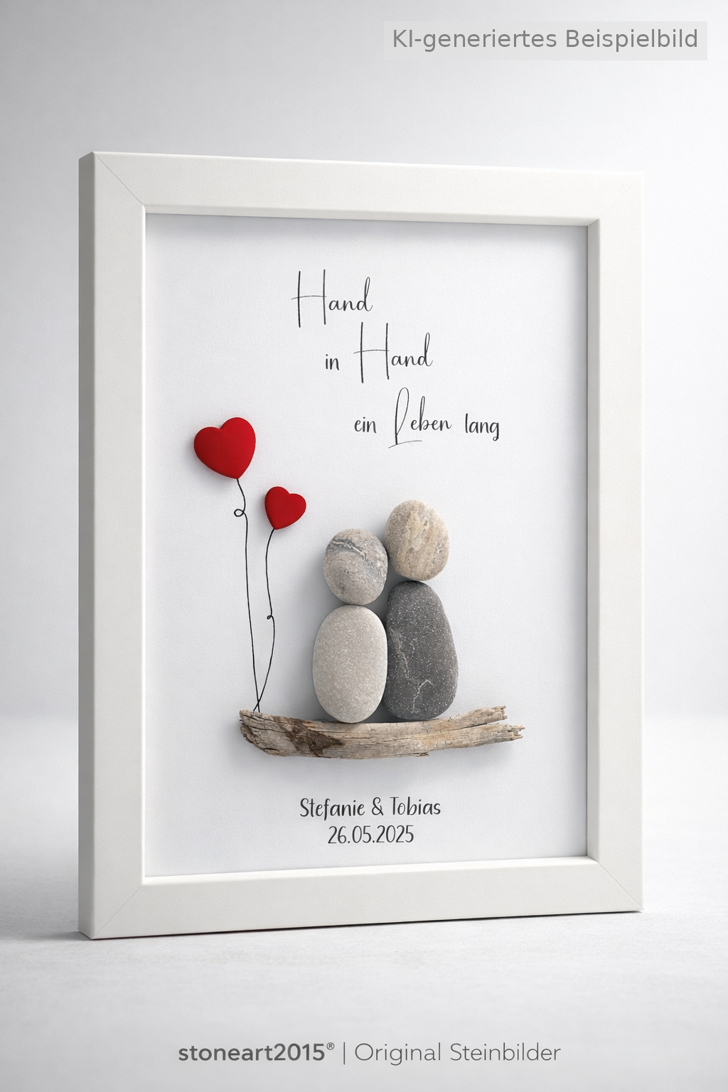 Kieselsteinbild Hand in Hand – Hochzeitsgeschenk, handgemachtes Steinbild