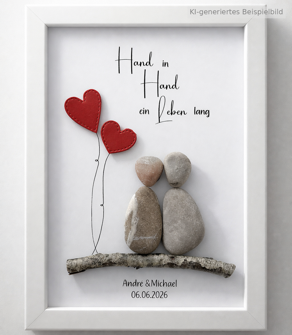 Kieselsteinbild Hand in Hand – Hochzeitsgeschenk, handgemachtes Steinbild
