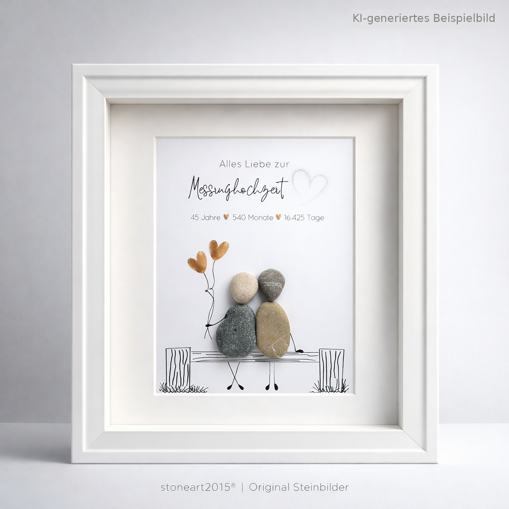 Kieselsteinbild Messinghochzeit – Geschenk zum 45. Hochzeitstag, handgemachtes Steinbild