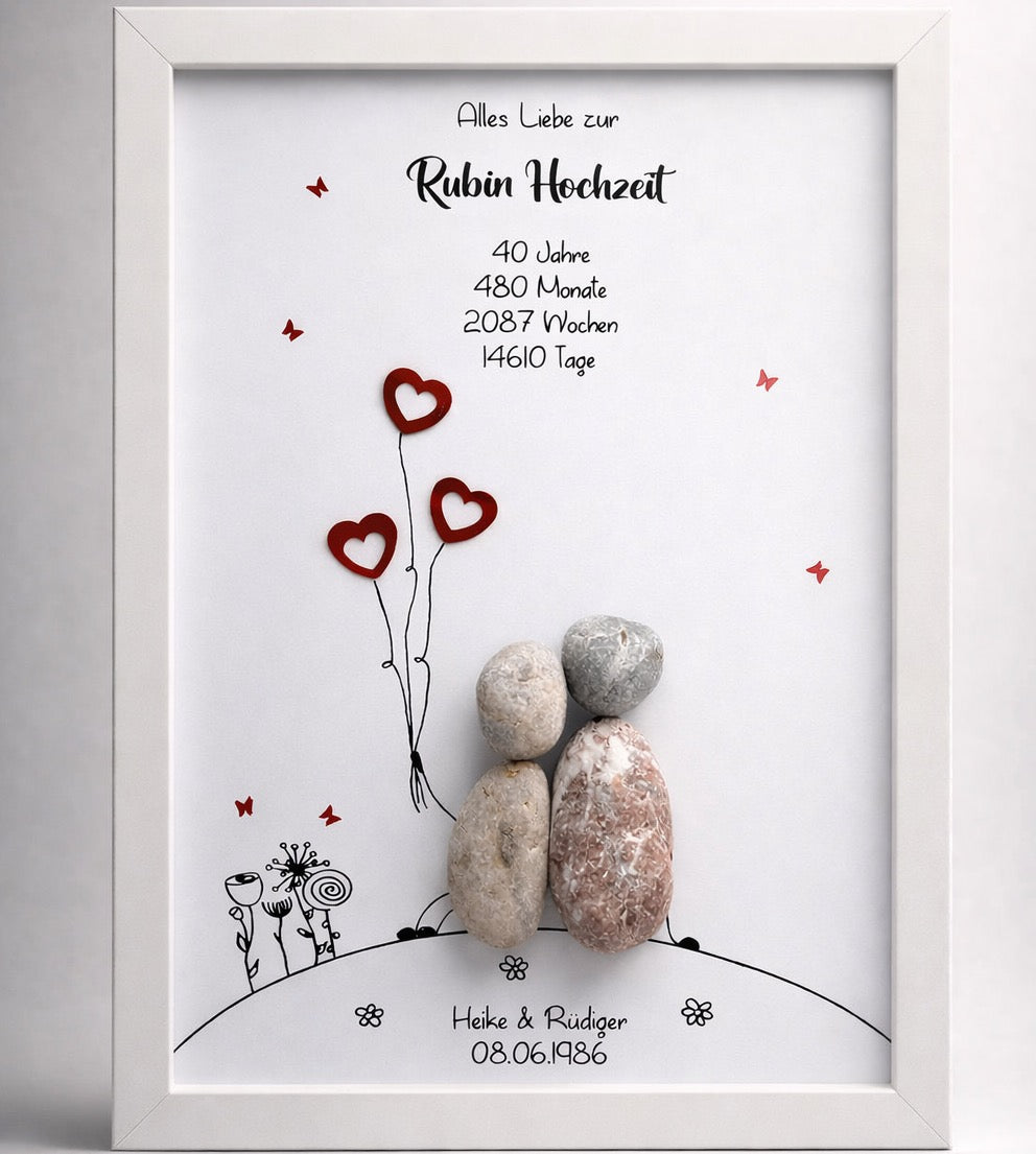 Handgemachtes Steinbild zur Rubinhochzeit – 40 Jahre Ehe, personalisierbar mit Namen und Datum