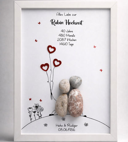 Handgemachtes Steinbild zur Rubinhochzeit – 40 Jahre Ehe, personalisierbar mit Namen und Datum