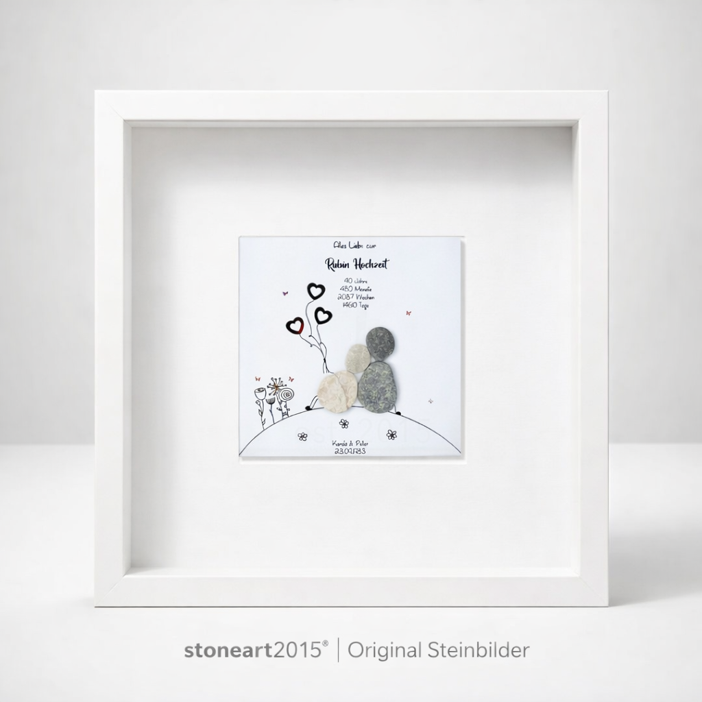 Handgemachtes Steinbild zur Rubinhochzeit – 40 Jahre Ehe, personalisierbar mit Namen und Datum