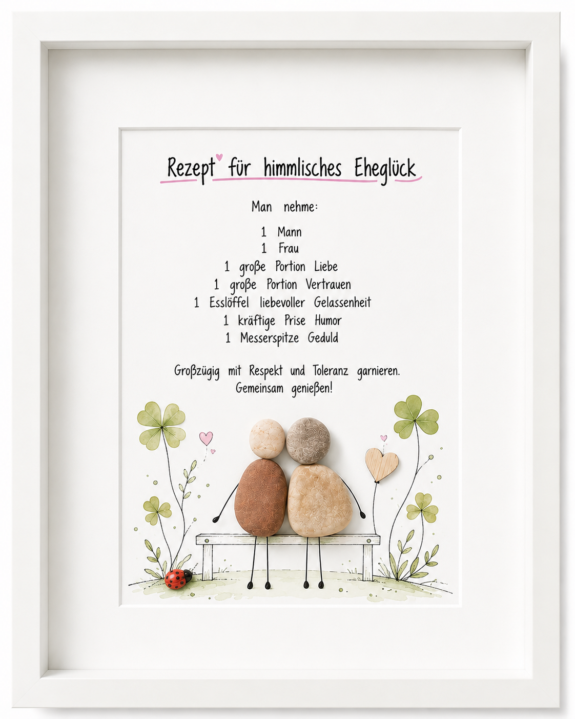 Kieselsteinbild Rezept für himmlisches Eheglueck Bank-Motiv – Hochzeitsgeschenk, handgemachtes Steinbild