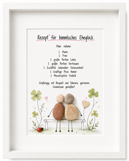 Kieselsteinbild Rezept für himmlisches Eheglueck Bank-Motiv – Hochzeitsgeschenk, handgemachtes Steinbild