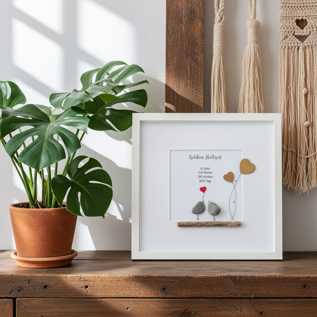 Geschenk zur Goldenen Hochzeit – Steinbild mit zwei Vögeln & goldenen Herzluftballons