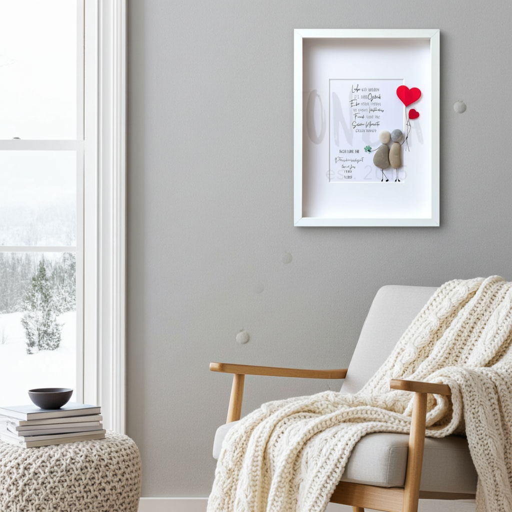 Steinbild Petersilienhochzeit gerahmt im Wohnzimmer – handgemachtes Hochzeitsgeschenk zum 12,5. Jahrestag