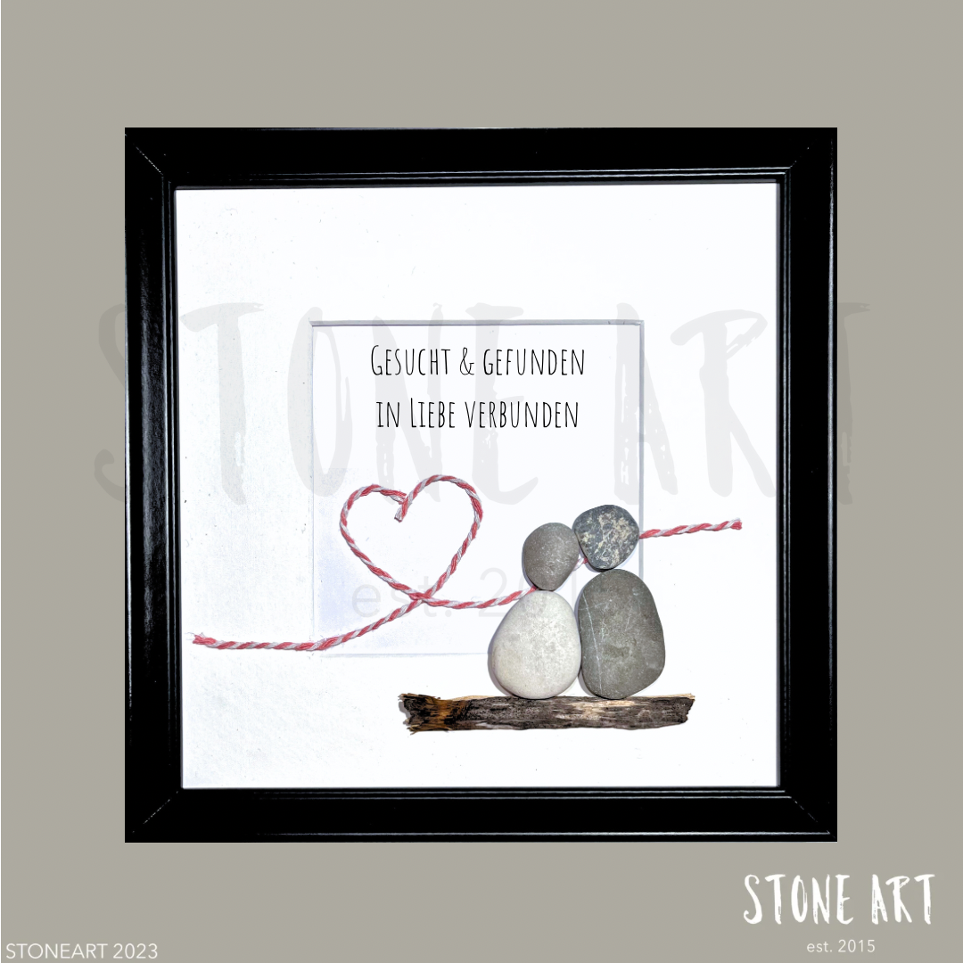 Steinbild Hochzeit – Spruch „Gesucht und gefunden in Liebe verbunden", Kieselsteine handgemacht