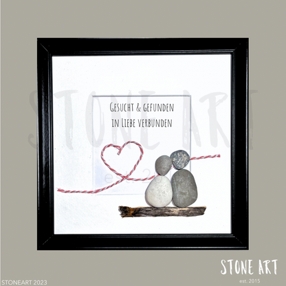 Steinbild Hochzeit – Spruch „Gesucht und gefunden in Liebe verbunden", Kieselsteine handgemacht