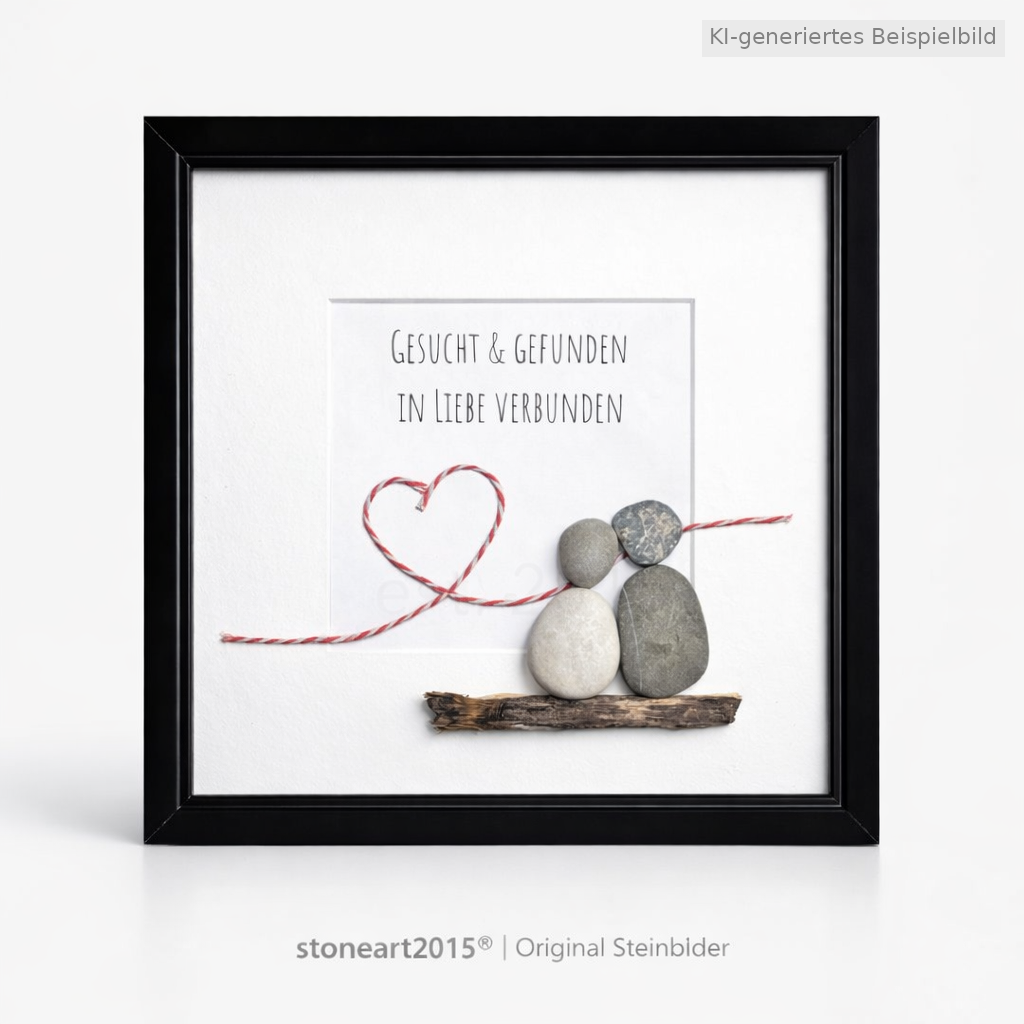 Kieselsteinbild Gesucht und gefunden in Liebe verbunden, handgemachtes Steinbild