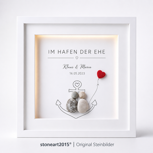 Kieselsteinbild Im Hafen der Ehe – Hochzeitsgeschenk, handgemachtes Steinbild
