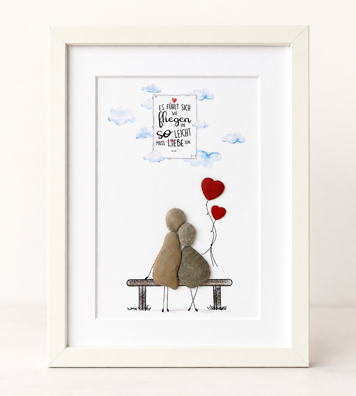 Kieselsteinbild Es fühlt sich wie Fliegen an, so leicht muss Liebe sein – Liebesgeschenk, handgemachtes Steinbild