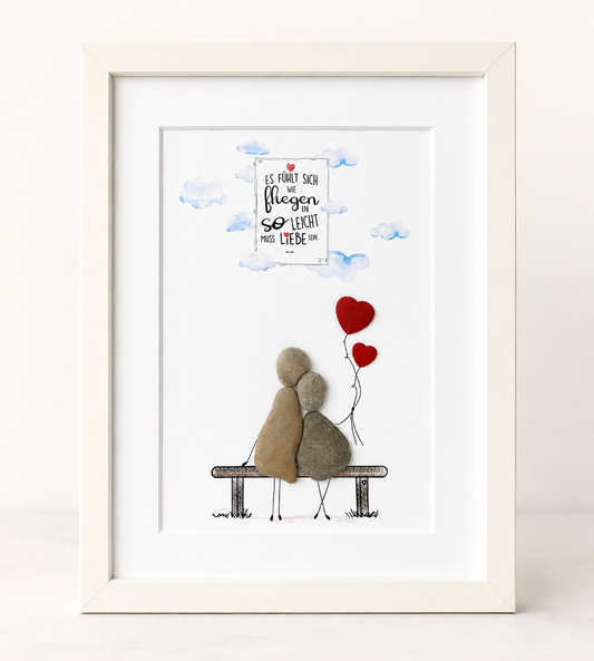 Kieselsteinbild Es fühlt sich wie Fliegen an, so leicht muss Liebe sein – Liebesgeschenk, handgemachtes Steinbild