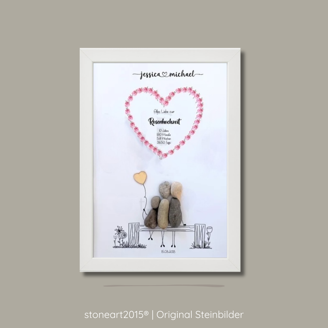 Steinbild Rosenhochzeit – Geschenk zum 10. Hochzeitstag, Kieselsteine handgemacht