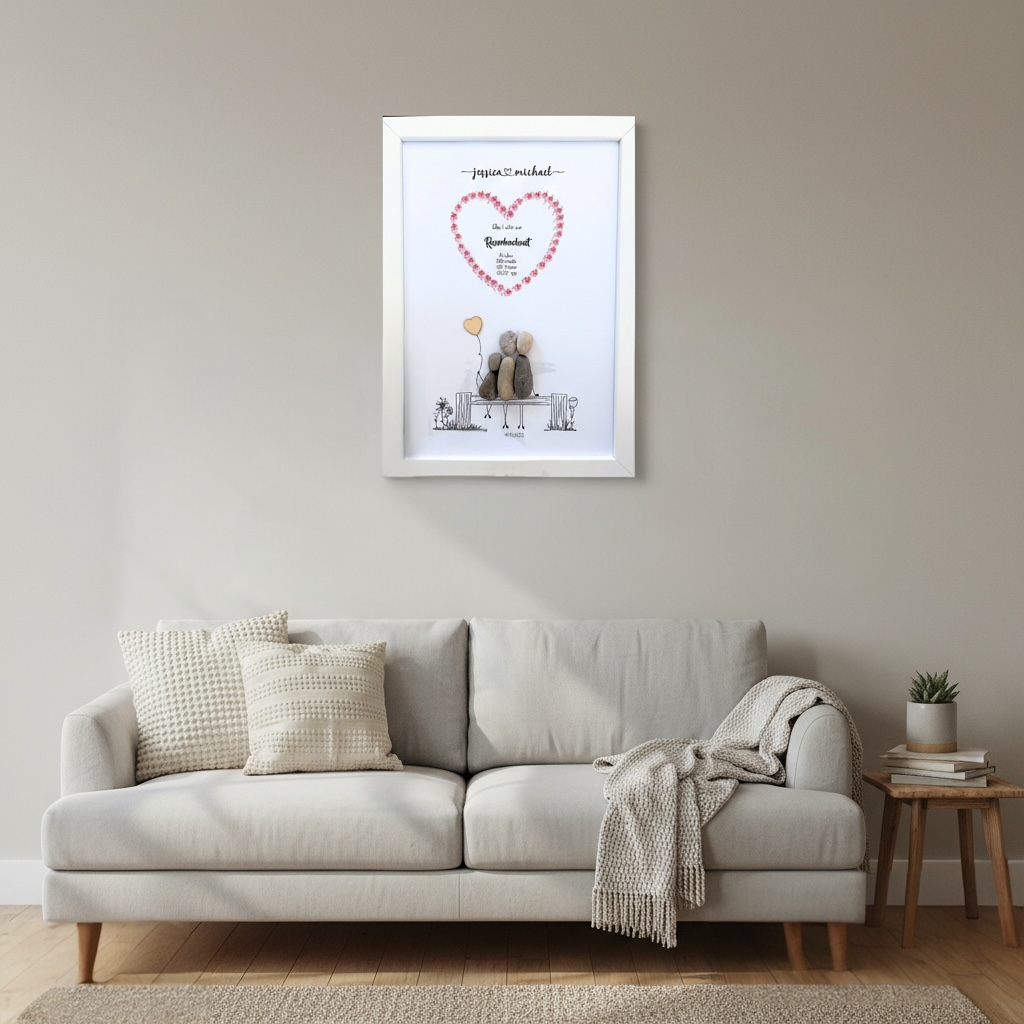 Steinbild Rosenhochzeit gerahmt im Wohnzimmer – handgemachtes Hochzeitsgeschenk zum 10. Jahrestag