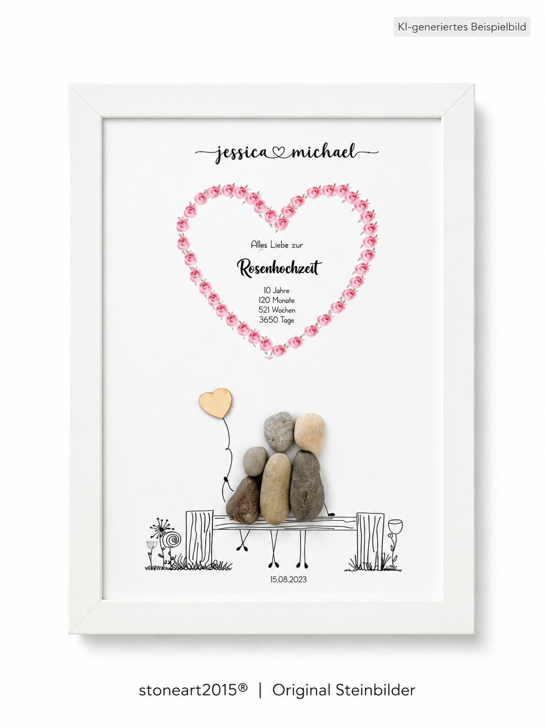 Kieselsteinbild Rosenhochzeit – Geschenk zum 10. Hochzeitstag, handgemachtes Steinbild