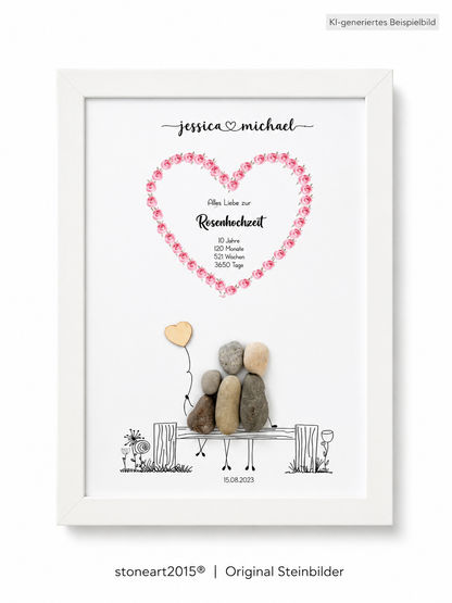 Kieselsteinbild Rosenhochzeit – Geschenk zum 10. Hochzeitstag, handgemachtes Steinbild