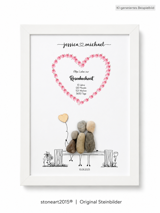 Kieselsteinbild Rosenhochzeit – Geschenk zum 10. Hochzeitstag, handgemachtes Steinbild