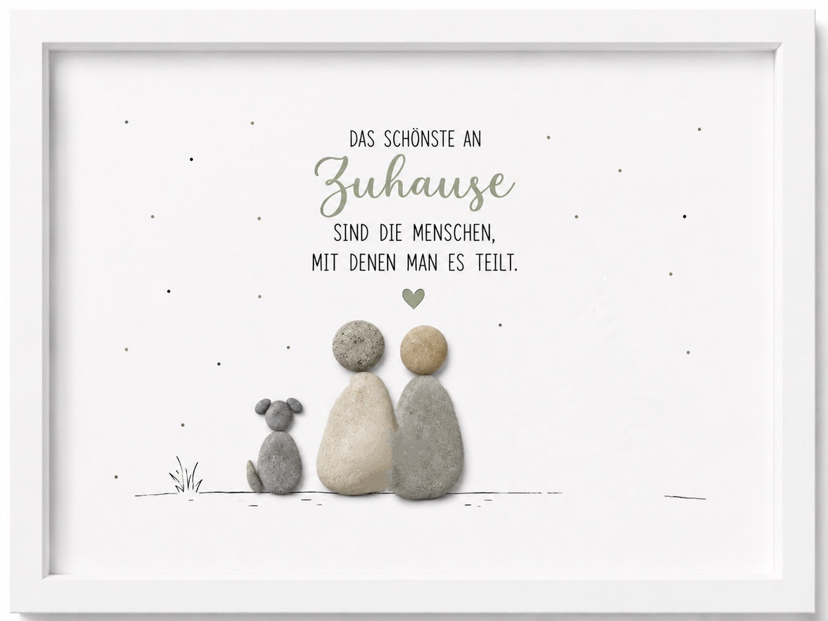Kieselsteinbild Das Schönste an Zuhause sind die Menschen, mit denen man es teilt – personalisierbares Geschenk zum Einzug, handgemachtes Steinbild