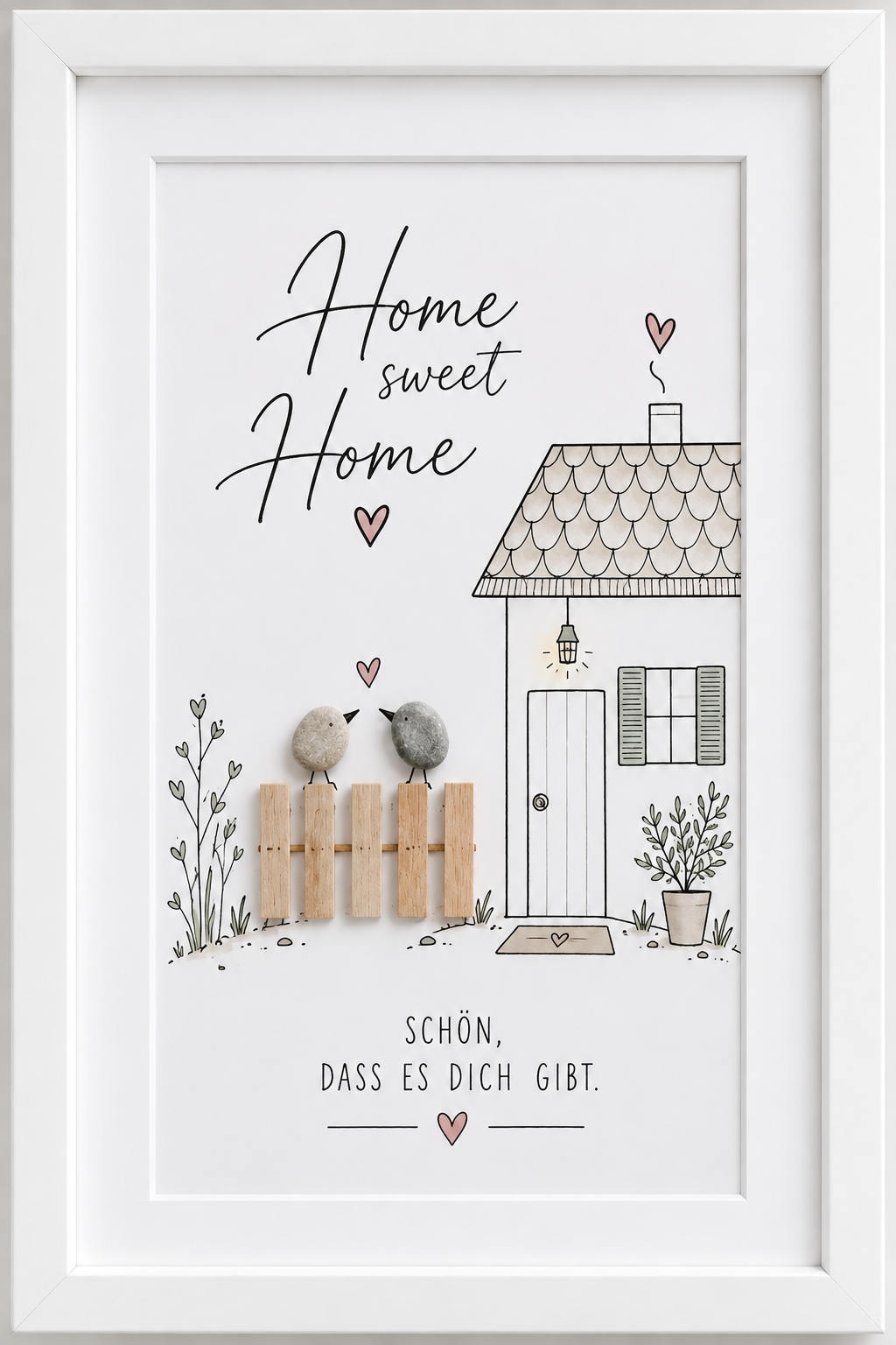 Kieselsteinbild Home sweet Home, schön dass es dich gibt – Einzugsgeschenk, handgemachtes Steinbild