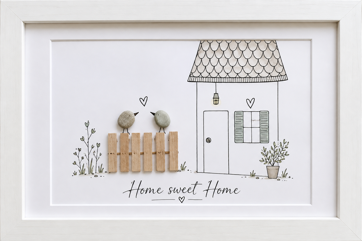 Kieselsteinbild Home sweet Home mit Vogelpaar – Einzugsgeschenk, handgemachtes Steinbild