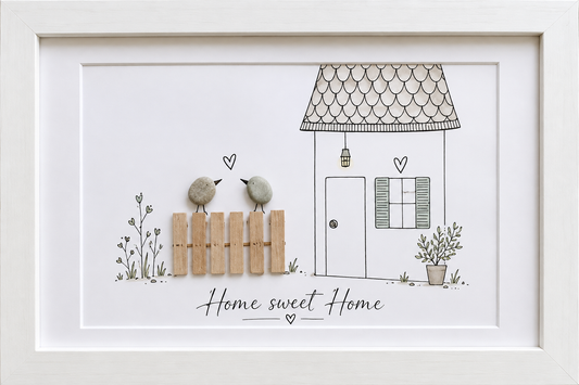 Kieselsteinbild Home sweet Home mit Vogelpaar – Einzugsgeschenk, handgemachtes Steinbild